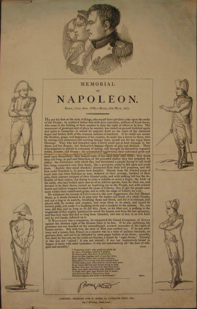 Wood - Memorial of Napoleon. Born, 15th Aug. 1769 -Died, 5th May, 1821.